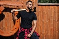 Arab hipster beard man lumberjack hold axe Royalty Free Stock Photo