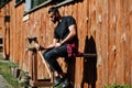 Arab hipster beard man lumberjack hold axe Royalty Free Stock Photo