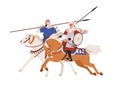 Arab horse warriors. Historical military horsemen riding horseback, armoured with spears. History fighters, Muslim Royalty Free Stock Photo