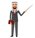 Arab iran businessman or teacher with a pointer flat cartoon vector illustration.