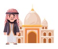 Arab Islam people wearing head cover kaffiyeh pose standing in front of mosque building drawing illustration