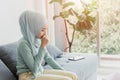 Arab Islam Women sick with the flu and cough from virus infected health problem expression