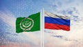 Arab League and Russia flag waving in the wind against white cloudy blue sky together. Diplomacy concept, international relations Royalty Free Stock Photo