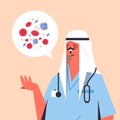 Arab male doctor and chat bubble with vascular system leukocytes erythrocytes platelets healthcare medicine