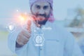 Arab male happy with finger scan technology for personal data security protection system