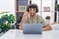 Arab man with beard working at the radio smiling happy and positive, thumb up doing excellent and approval sign Royalty Free Stock Photo