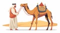 Arab man and camel. Moroccan bedouin holding desert animal with saddle and bridle. Nomad woman in turban. Flat modern Royalty Free Stock Photo