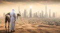 Arab man with camel walking at desert and watching futuristic city with skyscrapers on horizon at sunset