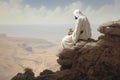 An Arab man dressed in white sits on the edge of a cliff. View from the back.