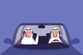 Arab man driving auto vector illustration. Muslim men in thawb sitting on front seat of vehicle and talking on phone Royalty Free Stock Photo