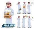 Arab man employee vector character set. Saudi arabian office male character holding box of books for arabic staff cartoon.