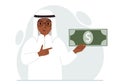 A arab man holds a large paper bill in his hand. The concept of income, expense, earning or spending money. Royalty Free Stock Photo