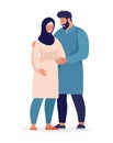 Arab man hugging a pregnant woman in hijab, pregnancy in a muslim couple. Maternity and parenthood icon, flat cartoon Royalty Free Stock Photo