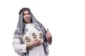 The arab man with money sacks isolated on white Royalty Free Stock Photo