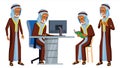 Arab Man Office Worker Vector. Ghutra. Old. Saudi, Emirates. Arabic Face Emotions, Various Gestures. Scene. Business