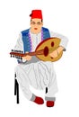 Arab man play oud, lute or mandola vector illustration, traditional music instrument from Asia. Islamic culture. Musician.