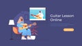 arab man playing guitar with arabic teacher in web browser window during virtual conference online music lesson