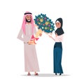 Arab man present woman bouquet of flowers happy valentines day holiday concept arabic couple in love male female cartoon