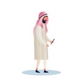 Arab man profile using smartphone male traditional clothes cartoon character full length flat