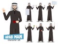 Arab man saudi vector character set. Arabian professional male businessman characters holding coffee, money and white board. Royalty Free Stock Photo