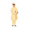 Arab man standing with a book in traditional ethnic wearing with a white skullcap. Vector illustration in flat cartoon