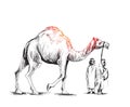 Arab man standing with a camel, Hand Drawn Sketch Vector illustration.