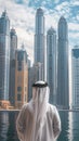 Arab Man Standing in Front of City Skyline