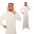 Arab man thinking with hand on chin. Vector cartoon character.