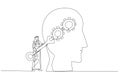 Illustration of arab man with using wrench fixing gear cogwheels metaphor for change mindset attitude. Single continuous line art