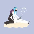 Arab man and woman in arabian national dress sitting on a cloud working with a laptop. Cloud computing concept. Vector