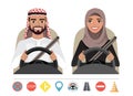 Arab man and arab woman driving a car. Silhouette of a woman and a man who sit behind the wheel Royalty Free Stock Photo