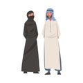 Arab Man and Woman Standing in Traditional Muslim Dress and Long Flowing Garment Vector Illustration