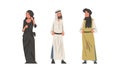 Arab Man and Woman Standing in Traditional Muslim Dress and Long Flowing Garment Vector Set Royalty Free Stock Photo