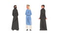 Arab Man and Woman Standing in Traditional Muslim Dress and Long Flowing Garment Vector Set