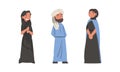 Arab Man and Woman Standing in Traditional Muslim Dress and Long Flowing Garment Vector Set