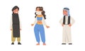 Arab Man and Woman Standing in Traditional Muslim Dress and Long Flowing Garment Vector Set