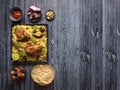 Arab- Mandi Rice. Yemenis style. Festive dish with baked chicken and rice. Top view, copy space Royalty Free Stock Photo