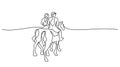 Arab men riding horses in desert. Continuous one line art.