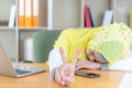 Arab middle eastern business woman sleeping at his desk, Women showing victory sign. Keep fighting concept