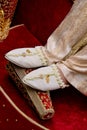 Arab Moroccan henna traditions. Tattoo bride`s hand and leg with henna Royalty Free Stock Photo