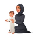 Arab mother helping her child to take first steps. Cartoon vector illustration. Royalty Free Stock Photo