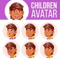 Arab, Muslim Avatar Set Kid Vector. Primary School. Face Emotions. User, Character. Kids, Positive. Comic, Web. Cartoon Royalty Free Stock Photo