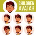 Arab, Muslim Boy Avatar Set Kid Vector. High School. Face Emotions. Flat, Portrait. Cute, Comic, Web. Cartoon Head Royalty Free Stock Photo