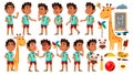 Arab, Muslim Boy Kindergarten Kid Poses Set Vector. Caucasian Child Expression. Activity. For Banner, Flyer, Web Design Royalty Free Stock Photo