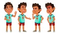 Arab, Muslim Boy Kindergarten Kid Poses Set Vector. Friendly Little Children. Cute, Comic. For Web, Brochure, Poster