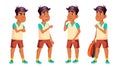 Arab, Muslim Boy Schoolboy Kid Poses Set Vector. High School Child. Clever, Studying. For Postcard, Announcement, Cover