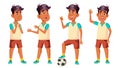 Arab, Muslim Boy Schoolboy Kid Poses Set Vector. High School Child. Teaching, Educate, Athlete, Football Player. For