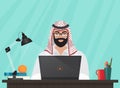 Arab muslim businessman or programmer sitting at his office Desk working with laptop. Cartoon vector Illustration. Royalty Free Stock Photo