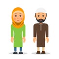 Arab or Muslim couple. Woman and man stand together in the traditional clothing. Isolated characters of representatives of Islam Royalty Free Stock Photo