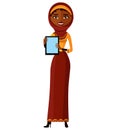 Arab muslim egypt business woman showing something on the tablet pc vector cartoon flat illustration isolated